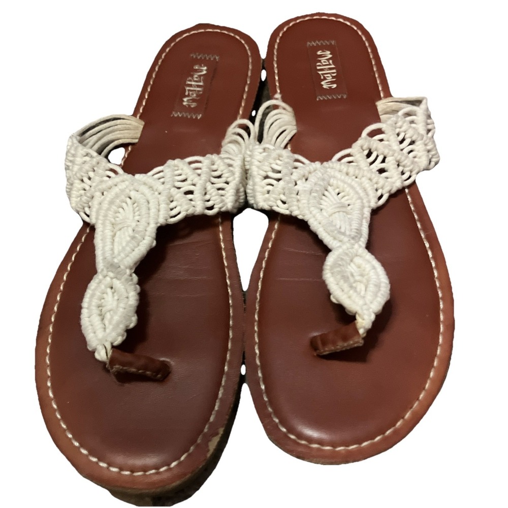 Mad Love Women's Size 10 Cognac Slip-On Sandals Cream Knit Crochet Straps